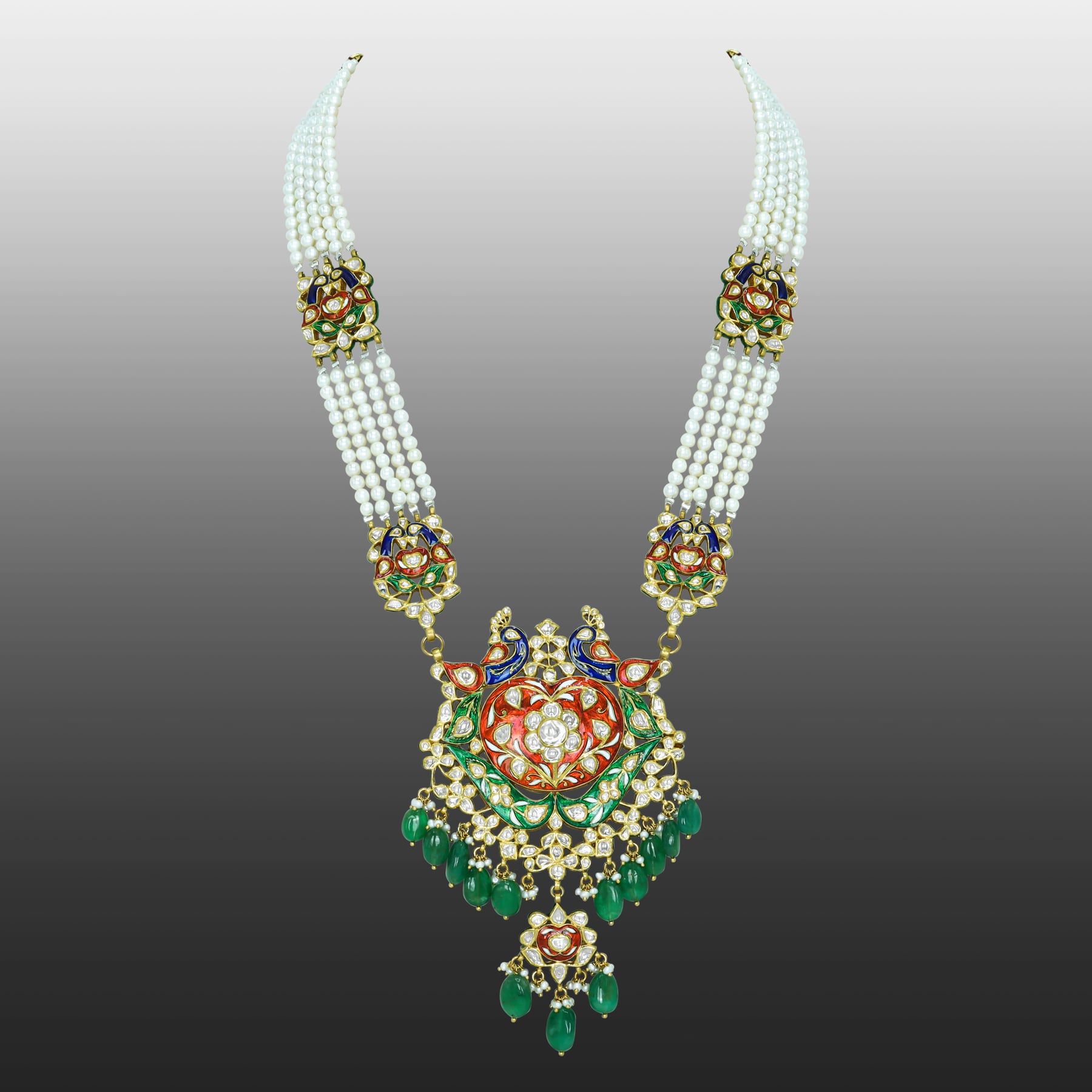 Peacock Meenakari Pendant with Pearl Strings and Emerald Drops
